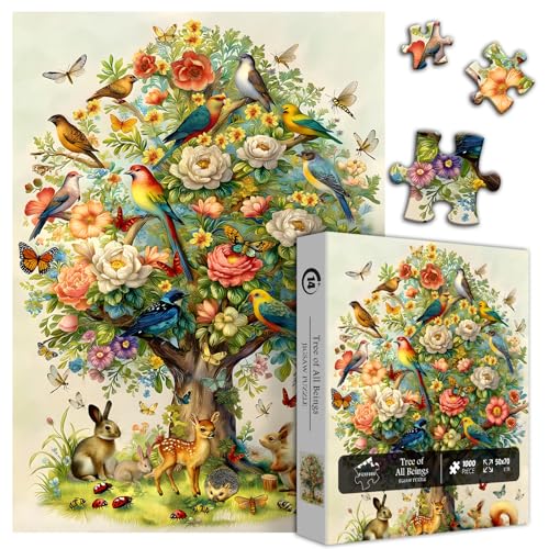 Tree of Life Puzzles for Adults 1000 Pieces, Birds Butterfly Flower Animal Jigsaw Puzzles with Plant Floral, Spring Nature Landscape Challenging for Adults - style: Tree of All Beings