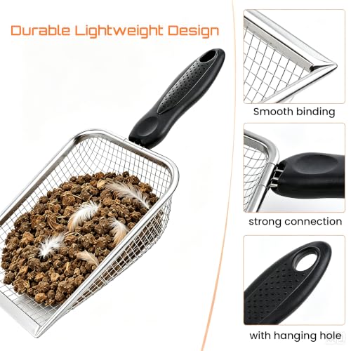 Chicken Coop Poop Scooper 2 Pack, Stainless Steel Sifting Shovels | 3.8mm & 5mm Mesh Sand Sifting Litter Shovel Tool for Chicken Coops Sand, Cat Litter and Bedding Cleaning, 2 adhesive hooks