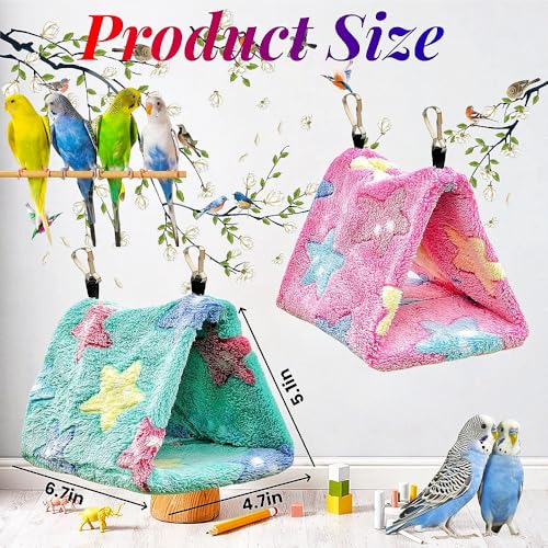 2 Pack Warm Bird Nest Plush Snuggle Bird Hammock Hanging Bird Cave Parrot Sleeping Bed Shed Hut Hanging Tent for Budgies Finch Parakeet Cockatiel Cockatoo Lovebird-Star Pattern (Pink&Green) - color: Pink&Green(Star)