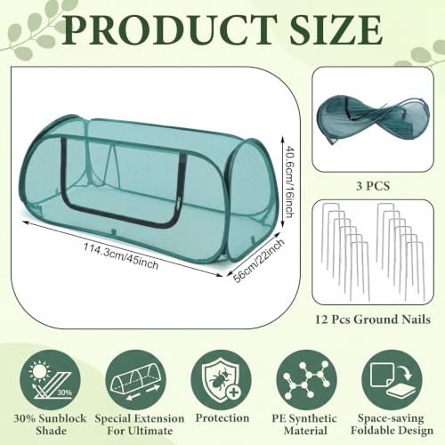 SATINIOR 3 Pack Garden Bed Cover 30% Sunblock Shade Cloth with Metal Anchoring Spikes 45"x22"x16" Mesh Netting Tent Crop Cage for Raised Bed Protects Plants Against Birds and Small Animals