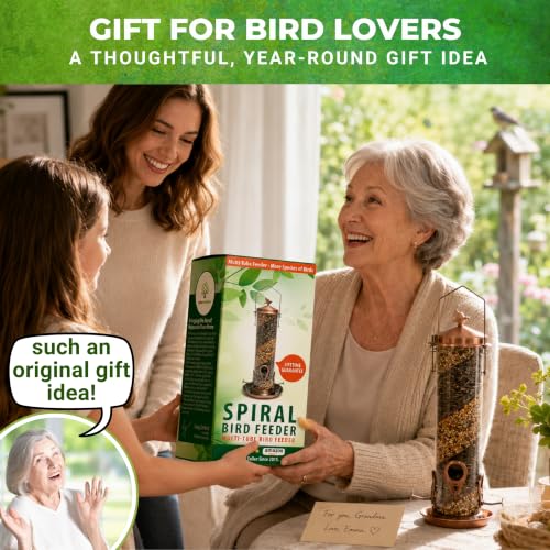 2 in 1 Spiral Bird Feeder, Hanging Bird Feeders for Outdoors, Copper Tube | finch feeders for outside, cardinal and blue jay magnet, copper metal tube bird feeder, two seed chambers, rain proof top