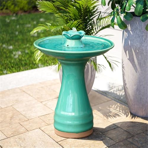 LuxenHome 22" Ceramic Bird Bath Fountain, Outdoor Water Fountain Birdbath | Glazed Jade Green Freestanding Waterfall Birdbath, Build-in LED Light and Pump, Garden Fountain for Backyard, Patio