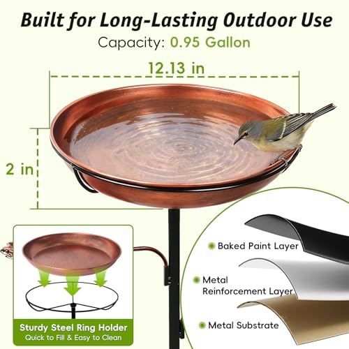 35'' Metal Bird Bath for Outside, 12 x 2-Inch Birdbath Bowl, Bird Feeder | 0.95-Gallon Vintage Brown Freestanding Birdbath with Removable Bowl, 6.5-Inch 5-Pronged Base for Gardens, Patios and Yards