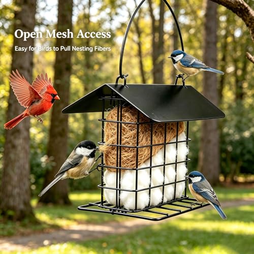 Bird Nesting Material Holder with Weatherproof Roof, Refillable Hummingbird Nesting Material Station for Outdoor Wild Birds, Garden Decoration, Ideal Gifts for Bird and Nature Lovers