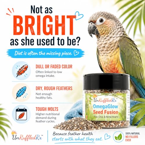 UnRuffledRx™ OmegaGlow for Birds – Raw, Natural Seed Blend for Feather Growth & Molting Support – Skin & Immune Health with Chia, Flax & Hemp Seeds – Helps Reduce Plucking – 2 oz Shaker Jar
