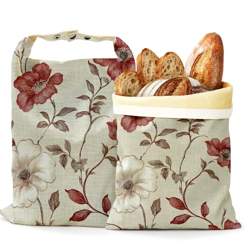 Red Floral Bread Bags for Homemade Bread, Vintage Garden 2 Pack Linen and Beeswax Sourdough Storage Bags, Reusable Keeper, Keeps Breads Fresh Longer, Gifts for Bakers - color: Red Floral