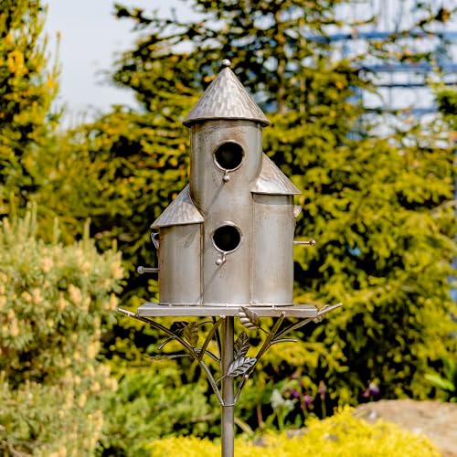Zaer Ltd. Large Silver Colored Multi-Birdhouse Stakes, Room for 4 Bird Families in Each (Tall Triple Cylinder Homes (Silver Color)) - style: Tall Triple Cylinder Homes (Silver Color)
