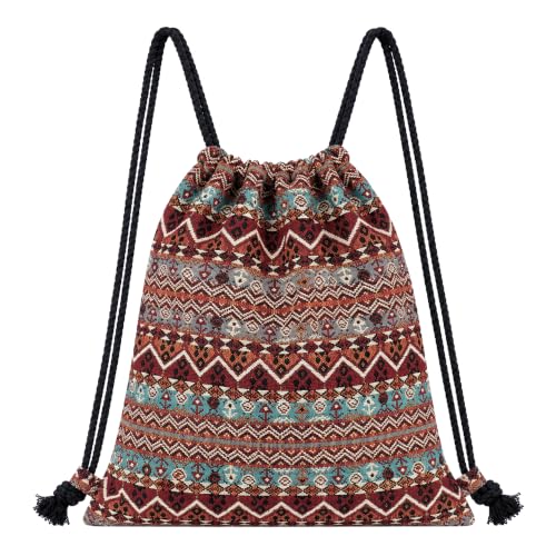 Van Caro Bohemian Drawstring Backpack Light Cinch Bag Gym Sack String Bag - color: D-black