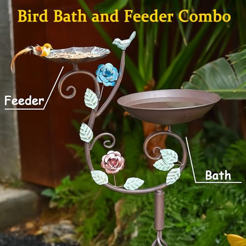 Metal Bird Bath and Feeder for Outdoors 39.4" H 2-in-1 Combo | Freestanding Birdbaths with Cast Iron Pedestal, Retro Vine Shaped Standing Combo for Outside Garden Patio Porch