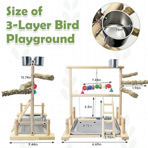 kathson Bird Playground Parrot Perch Stand Toys, Birds Wood Play Gym Activity Center Exercise Playpen Ladder Swing with Feeder Cups Chewing Toy(Include a Tray) - size: Two floors