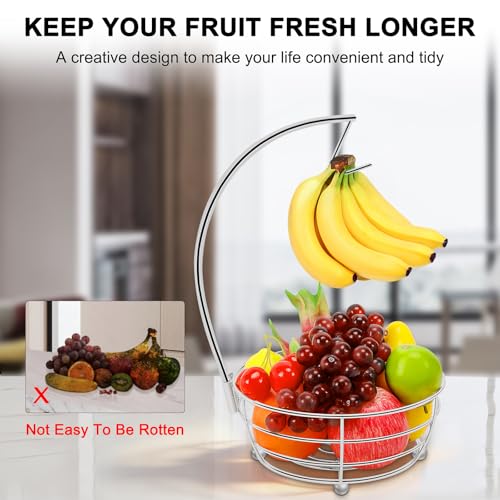 Livabber Countertop Fruit Basket Bowl with Banana Hanger, Modern Standing Fruit Vegetable Bowl Storage, with Banana Tree Holder for Kitchen Dinning Table (Round Metal, Chrome) - color: Chrome, style: Round Metal