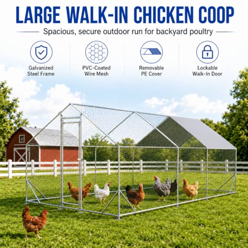 Large Metal Chicken Coop Run with Removable PE Cover, Walk-in Galvanized Steel Poultry Enclosure with PVC-Coated Wire Mesh and Lockable Door for Chickens, Ducks and Rabbits (10' Lx20' Wx6.56' H) - size: 240.0"L x 120.0"W x 78.7"H