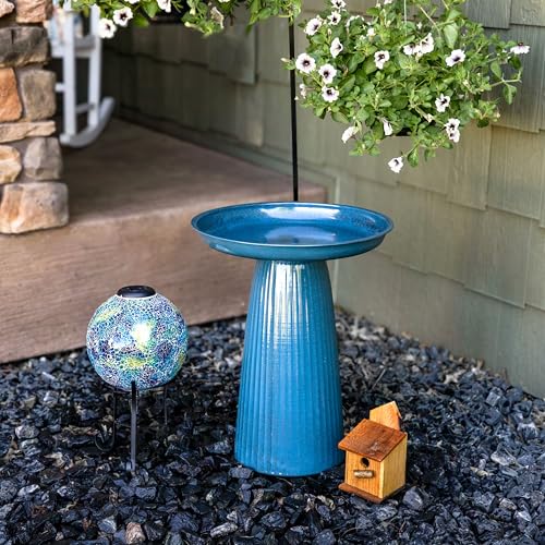Sunnydaze Modern Bird Bath for Outside, Iron, 23” H, Blue Glaze | UV & Rust-Resistant Matte Finish, Durable Iron,1 Gal Water Cap, Outdoor Birdbath for Garden, Pedestal Bird Bath with Bowl - color: Blue Glaze