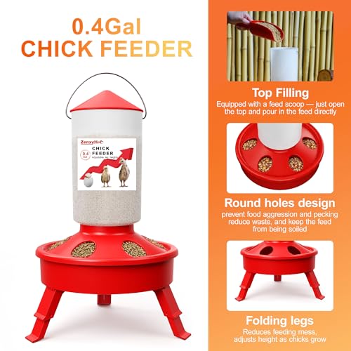 2-in-1 Chick Starter Set: Top Filling 0.4 Gal Feeder & Waterer Red | Chick Feeder and Waterer With Adjustable Legs, Anti-drown Design, Hanging Hooks & Scoop for Baby Chicks - size: 0.4Gal Feeder & 0.4Gal Waterer
