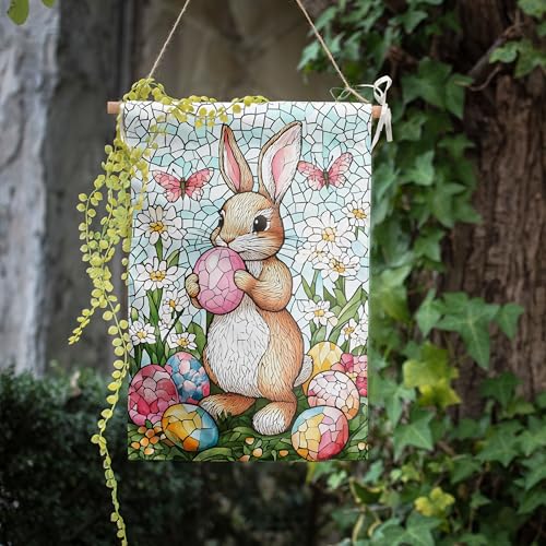 Easter Bunny Garden Flag for outside 28x40 Double Sided Stained Glass Rabbit Flag Easter Egg House Flag Lily Spring Outdoor Flag Large - color: easterbunny