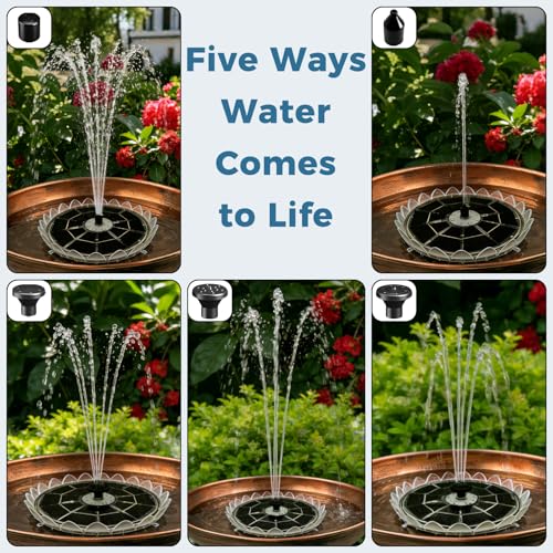6.3" Solar Bird Bath Fountain, Lotus Design with LED Lights | 3.7V 1500mAh Battery, 23 LED Lights, 7 Color Modes, 5 Adjustable Nozzles, 50-55cm Lift Height, Anti-Floating Poles