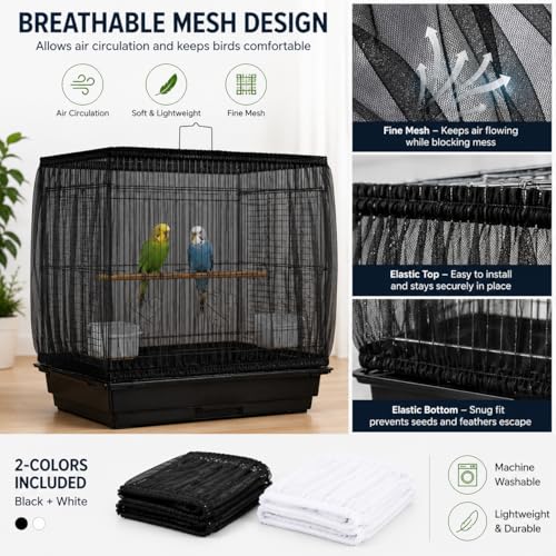 RAINFLOW 2 Pack Bird Cage Seed Catcher - Adjustable Bird Cage Skirt | Black & White, Fits 55-100 in Circumference, 16 in High, Breathable Seed Guard for Parrot, Parakeet and Cockatiel Cages