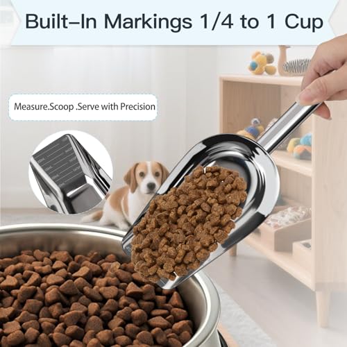 Dog-Cat Food Scoop 1 Cup – Thickened 304 Stainless Steel Pet Food Scoop with Long Handle, Precision Scale, Easy to Clean, for Wet Dry Food - size: Large 1 Cup