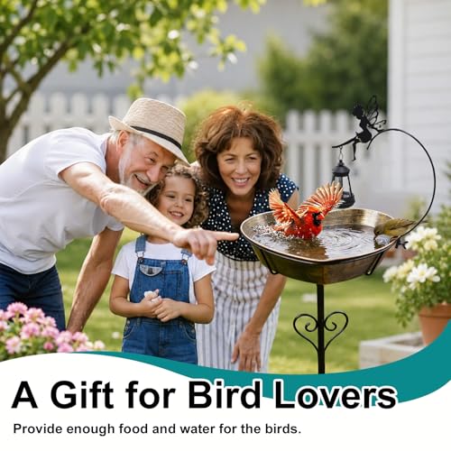 Bird Bath with Solar Lantern - 3.2" Deep, 13.8" Removable Bowl | Vintage copper finish, 35.7" rust-resistant 5-pronged stake, romantic garden gifts for bird lovers, mom, or grandparents