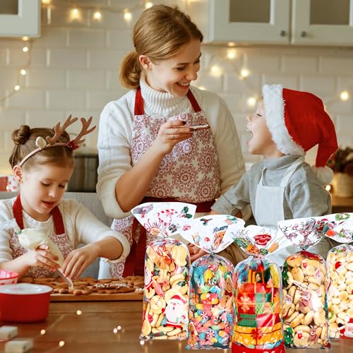 CUUSNNY 100 PCS Christmas Cellophane Treat Bags,9 Styles Clear Xmas Candy Goodie Bags with Twist Ties for Holiday Party Favors,Santa Claus Snowman Snowflake Gift Bags - color: Christmas