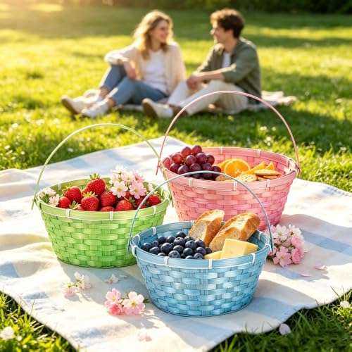 3 Pcs Large Woven Picnic Basket Bamboo Chip Woven Basket Summer Party Favor for Wedding Baby Shower Birthday Fruit Flower Decorative Storage Basket