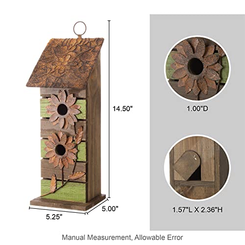Glitzhome Bird Houses for Outside, 14.45" H Wooden Garden Hanging Bird House Two-Tiered Distressed with Flowers Decorative Birdhouse for Outdoors - color: 14.45 Inch/Green