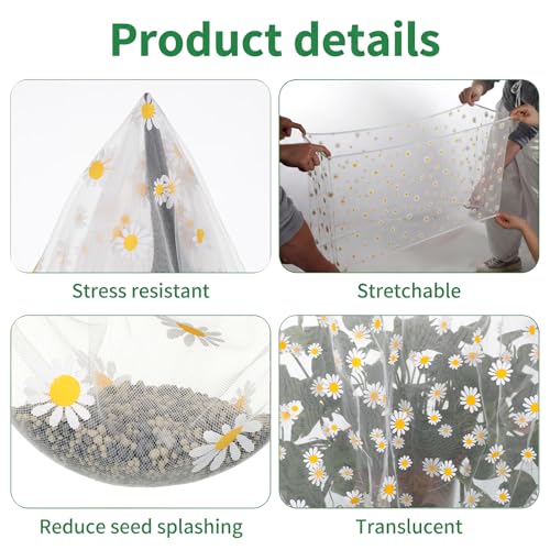 Trinkrittey Bird Cage Seed Catcher, Universal Bird Cage Seed Catcher Guard Adjustable Parrot Nylon Mesh Net Cover for Round Square Cages Parrot Parakeet African Macaw(Daisy-White, 15.7" x87")