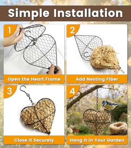 Bird Nesting Heart with Natural Fibers, Refillable Material Holder | For hummingbirds, outdoor garden art decor, gift for bird lovers