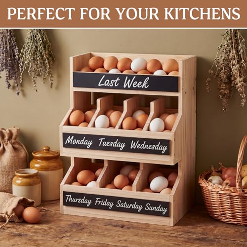Leinuosen Wooden Egg Holder Countertop with 5 Dividers & DIY Freshness Labels to Separate, 3-tier Wood Egg Storage Basket Organizer, Large Farmhouse Kitchen Counter Display Rack