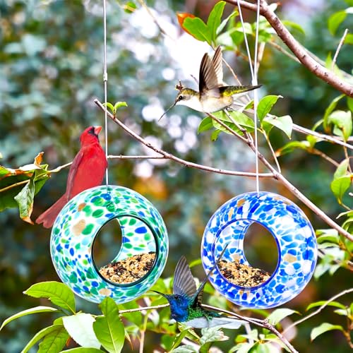 Patelai 2 Pcs Bird Feeder Mosaic Glass Hanging Bird Feeder Round Birdfeeder Fly Through Balcony Birdfeeder for Backyard Window Outdoor Garden Deck Porch Decorations, 6 Inch (Cute) - style: Cute