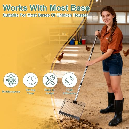 Chicken Poop Scooper & Rake 2-in-1，Litter Sifting Shovel，Metal Chicken Coop Scoop with Adjustable Handle(34" to 65") for Chicken Run, Animal Farm, Duck Coop Black