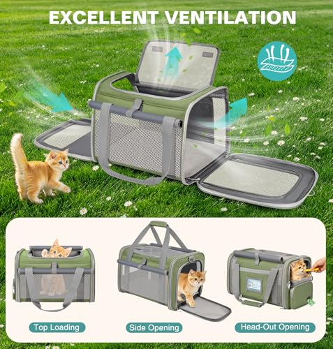 Cat Carrier Airline Approved Privacy Portable Top Load Pet Travel Bag | Soft Sided Pet Carriers for Small Cats Dogs Puppy up to 16 Lbs,Collapsible,Zipper Lock,Luggage Sleeve,2 Storage,Washable - color: Grass Green