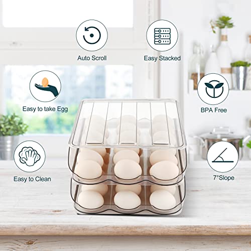 MesRosa Egg Holder for Fridge, Automatic Rolling Container Storage 18 Eggs | Clear Large Capacity Egg Organizer for Refrigerator with Lid, Stackable Dispenser, Tray & Bin, Saving Space -1 Layer - size: 1 Layers Holder 18 Eggs