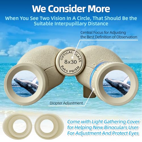 8x30 Binoculars for Adults, High Power Compact Binocular for Travel Hiking Concert Ship Cruise Hunting Bird Watching, Khaki Waterproof Binocular for Kid - color: Khaki, size: W/T Accessories