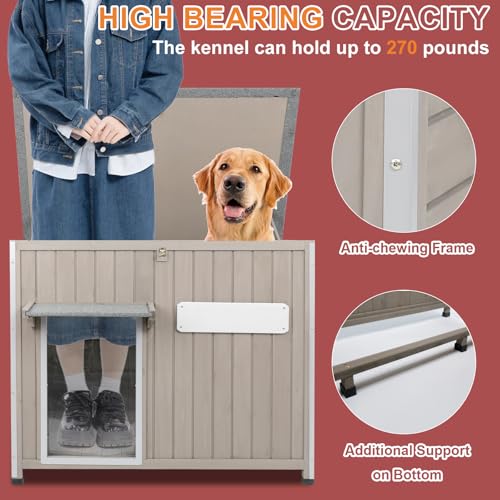 Outdoor Dog House Weatherproof, Wooden Puppy Shelter with Anti-Chewing Iron Frame and Elevated Floor, Sturdy Dog Kennel for Small, Medium & Large Dogs (Gray, 40" L x 26" W x 31" H) - size: 40" L x 26" W x 31" H