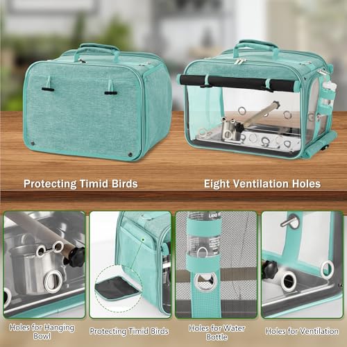Bird Carrier Airline Approved, Bird Travel Cage with Indestructible Stainless Steel Mesh, Bird Travel Bag Lightweight and Portable with Water Bottle and Bowl - color: Green