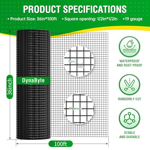 Dynabyte19 Gauge Black Hardware Cloth 1/2 inch 36 x 100 ft | Vinyl Coated Wire Fencing, Chicken Wire Mesh Roll, Cage Wire Netting, Snake Fence, Rabbit Fence - size: 1/2 inch 36"×100'