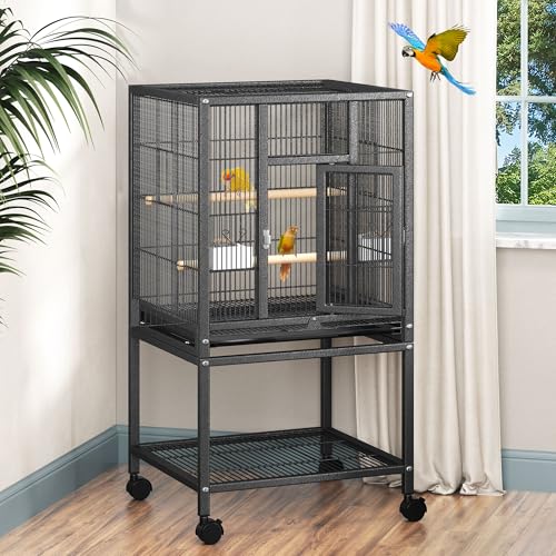 DWVO 41-inch Metal Bird Cage | Large Parrot Cages with Rolling Stand - Features Tray, Food Boxes & Wooden Perches - color: Black, size: 19.0"L x 18.1"W x 40.5"H