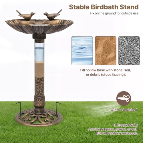 Athena Collection 31.5" Solar Powered Pedestal Bird Bath Fountain, Bronze | Detachable Solar Fountain Broad, 6 Spray Patterns, 5L Water Large Capacity，3 Ground Nails Included for Garden Yard Lawn - color: Bronze