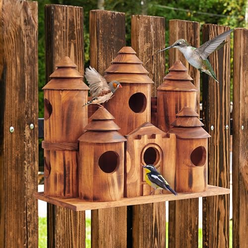 MIXUMON Wooden Bird Houses for Outside – 8 Rooms Castle-Style Bird House, Carbonized Pine Rustic Finish, 1.57" Entrance Holes, Decorative Outdoor Bird Nesting Box (Rustic, 8 Rooms)