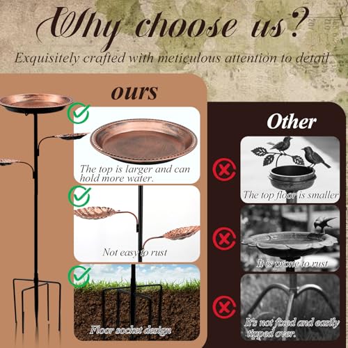 Outdoor Standing Bird Bath with 2 Feeder Bowls, 12 Inch Deep Basin for Wild Birds, Weatherproof Metal Birdbath with Upgraded 5-Prong Stake Base