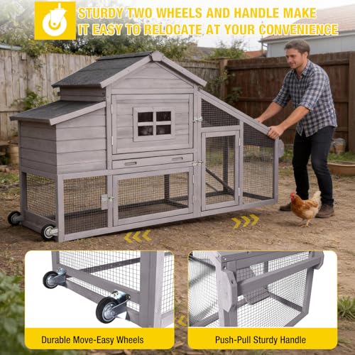 Aivituvin Chicken Coop with Run and Wheels, Mobile Outdoor Hen House Wooden Poultry Cage with Waterproof Roof (Grey, AIR23) - color: Grey, size: 67.3"L x 26.0"W x 39.4"H