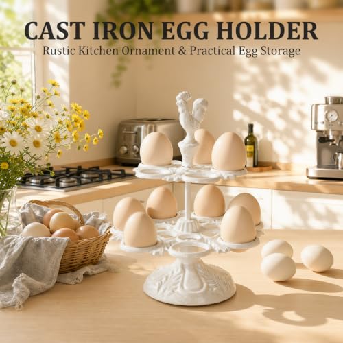Cast Iron Egg Holder Countertop -12 Eggs Storage Display Rack (White) | Heavy Duty Egg Holder for Kitchen Dinning Decor & Easter Eggs Display, Retro Egg Rack - color: White
