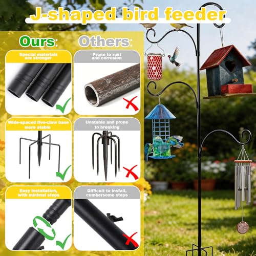 Bird Feeder Pole Heavy Duty 76" Adjustable Shepherd Hook, 5-Prong Ground Stake Rustproof Outdoor Garden Stand for Plants Hummingbird Feeder Lantern Wind Chime - No Digging