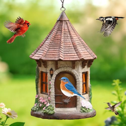 Bird Houses for Outside Resin Birdhouse Tile Roof Birdhouses for Outdoors for Bluebird Finches Cardinals Bird Nesting Garden, Patio, Yard - color: Grey