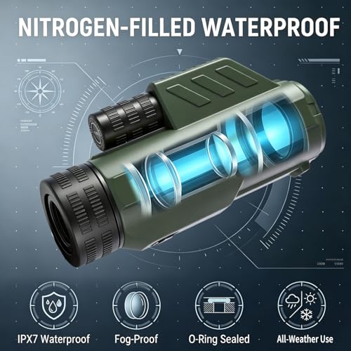 Waterproof Monocular Telescope | Lightweight with Travel Bag, Compact, 12X Magnification, Wide Field of View for Bird Watching, Hunting, Hiking, Camping (12x32, Army Green) - color: army green