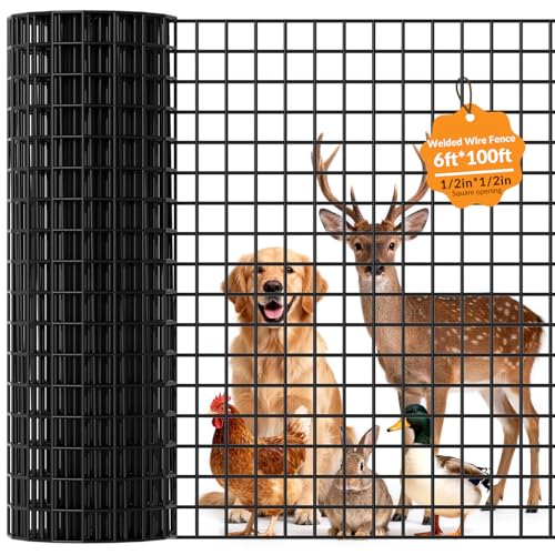 Welded Wire Fence 1/2‘’x 1/2‘’ 6ft x100 ft，Vinyl Coated Welded Wire Mesh Roll,16GA Black PVC Coated Welded Wire Fence,Hardware Cloth for Yard Vegetable Protection Goat & Poultry Netting - size: 6' x 100'-16 Gauge