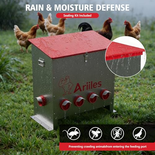 Automatic Chicken Feeder Box, 120lb Capacity, 10 No-Waste Ports, Metal Poultry Feeder with Covered Lid & Elevated Stand, Feed Dispenser for Chickens, Ducks & Backyard - size: 120 LB