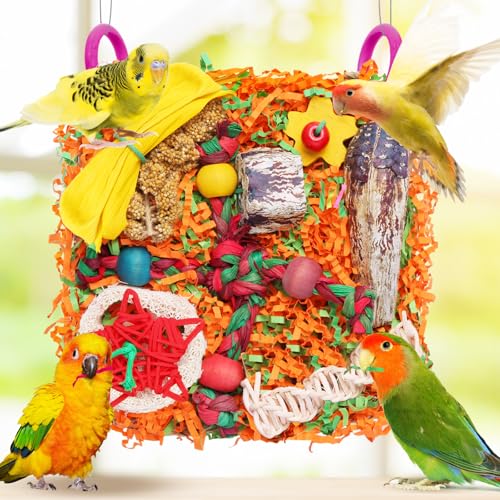 Bird Toys for Small & Medium Parrots - Natural Foraging & Shredding Cage Hanging Toys with Seagrass Mat, Starfruit, Loofah Slices for Budgies, Cockatiels, Lovebirds, Conures (1 PCS) - size: 1 PCS