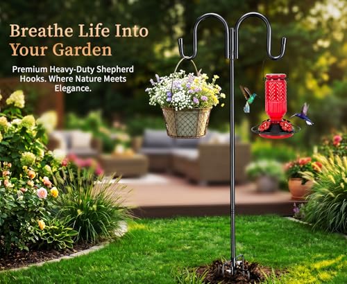 Black Double Shepherds Hook - 67 Inch Adjustable Bird Feeder Pole with 5 Prongs Base - Heavy Duty Rustproof Shepards Hooks for Outdoor Hummingbird Feeder Stand, Solar Lights, Lanterns, Flower Basket